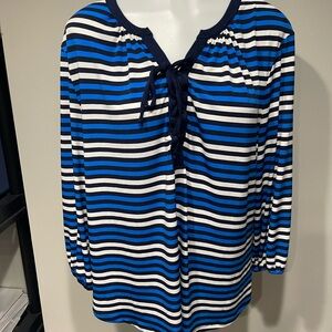 Striped Blue and Black Lace-Up Blouse